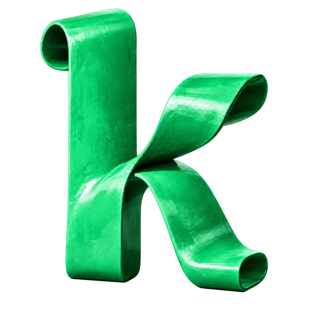 Sculpture du k de Kayn Media, dans le vert de la marque